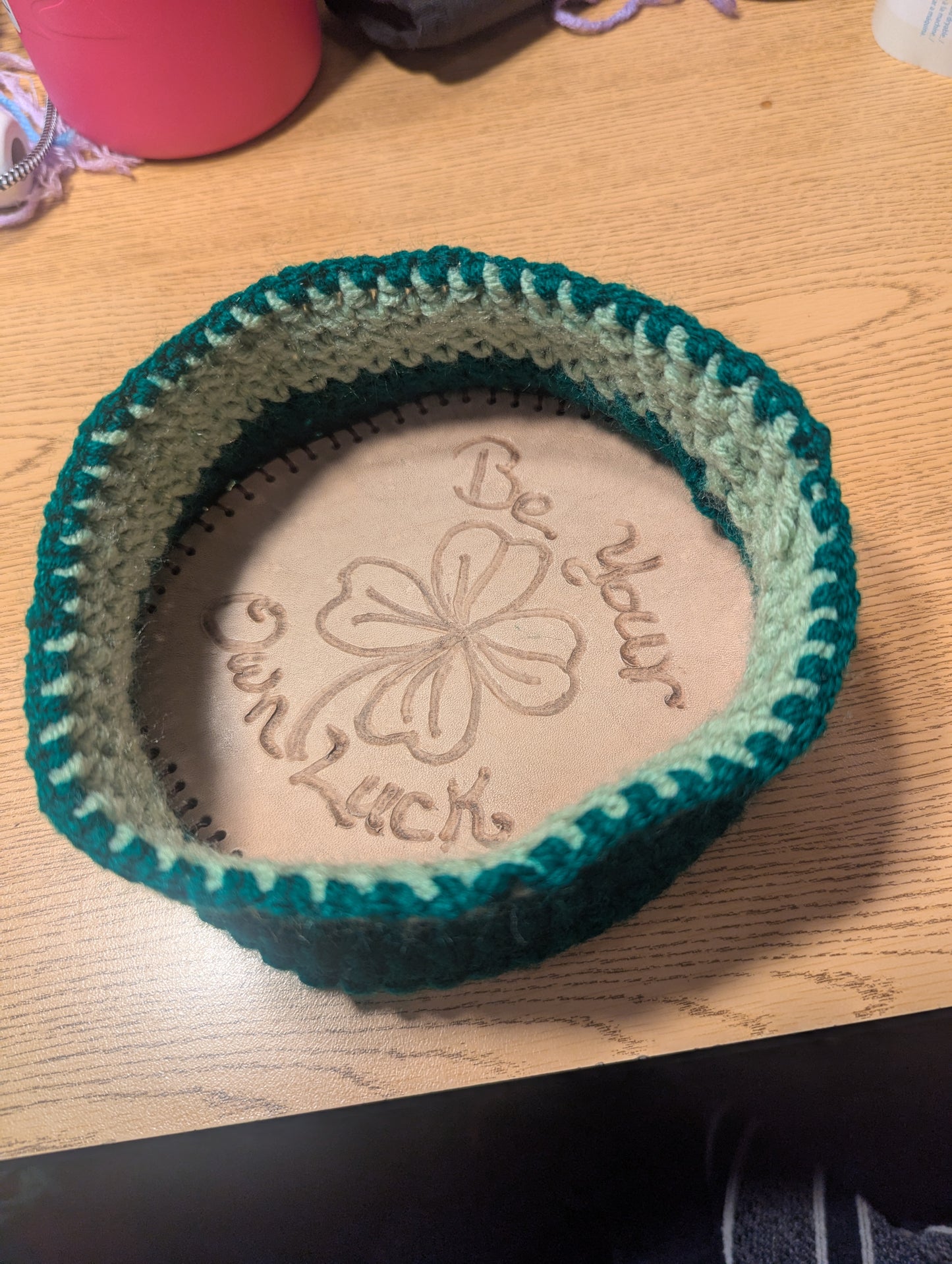 Crochet Key Catch Bowl/ To leather base