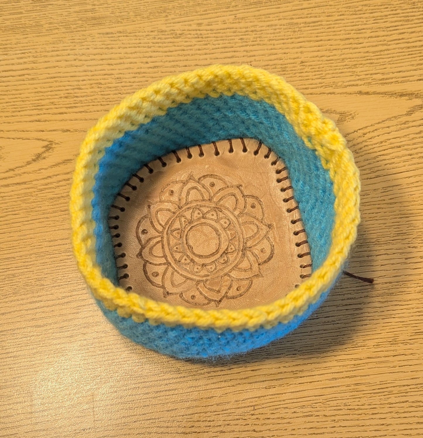 Leather and crochet trinket catch bowls, handmade